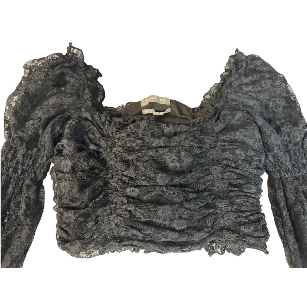 Urban Outfitters Black Lace Ruched Puff Sleeve Crop Top Size S Gothic Romantic
